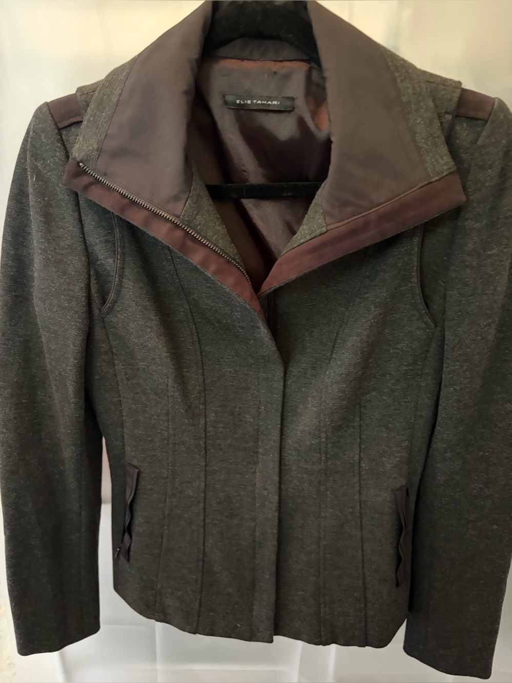 Elie Tahari Gray Jacket with Brown Contrast Collar